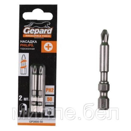 Насадка крестообразная PH2 50мм  2шт торсионная GEPARD (GP3900-50) (бита Phillips сталь S2 магнитная)