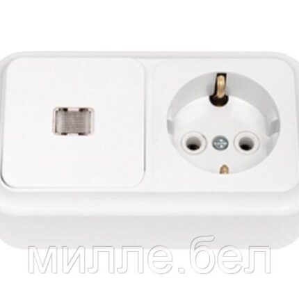 Блок выкл. 1 клав. + розетка (открытая, с/з) со световой индикацией, белая, Пралеска, BYLECTRICA