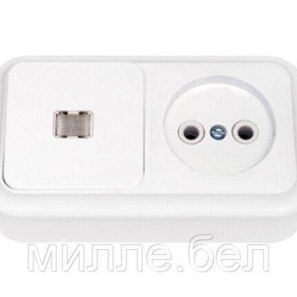Блок выкл. 1 клав. + розетка (открытая, с/з) со световой индикацией, белая, Пралеска, BYLECTRICA