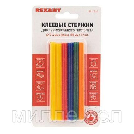 Клеевые стержни d=7,4 мм, L=100 мм, цветные (упак. 12 шт.) (блистер) REXANT