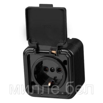 Розетка 1-ая (открытая, с/з, брызг. защ.) черная, Стандарт, Юпитер (RA 16-211 Ч) (ЮПИТЕР)