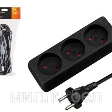 Удлинитель 5м (3 роз., 2,2кВт, б/з, ПВС 2х0,75) черный, Юпитер (ЮПИТЕР)