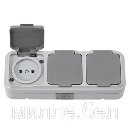 Розетка 3-ая (открытая, б/з, брызг. защ.) серая, Пралеска Аква, Bylectrica (IP54 пылебрызгозащищенные)