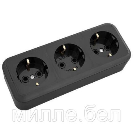 Розетка 3-ая (открытая, с/з) черная, Пралеска, Bylectrica