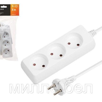Удлинитель 3м (3 роз., 2,2кВт, б/з, ПВС 2х0,75) Юпитер (ЮПИТЕР)