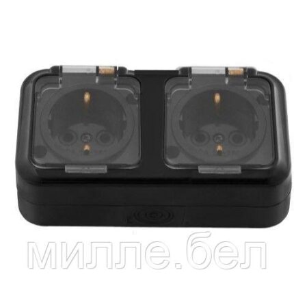 Розетка 2-ая (открытая, с/з, брызг. защ.) черная, Пралеска Аква, Bylectrica (IP54 пылебрызгозащищенные)