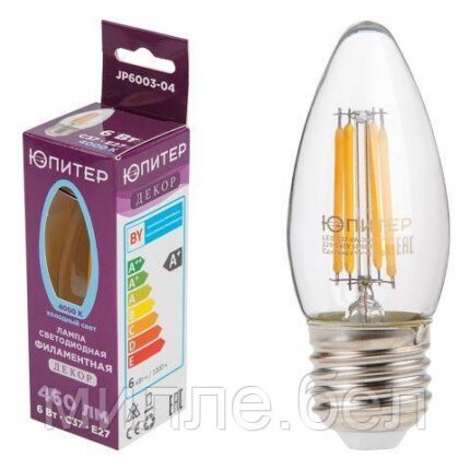 Лампа светодиодная филаментная C37 СВЕЧА 6 Вт E27 4000К ЮПИТЕР ДЕКОР (60 Вт аналог лампы накал., 560Лм)