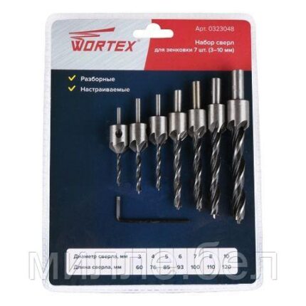 Набор сверл для зенковки 7 шт. (3-10 мм) WORTEX (Сверла с зенкером (3,4,5,6,7,8,10 мм))