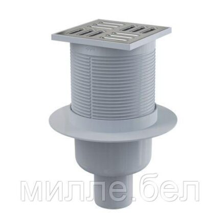 Сливной трап 105х105/50, подводка – прямая, решетка – нерж. сталь, гидрозатвор – мокрый, Alcaplast