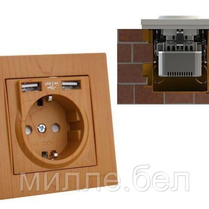 Розетка 1-ая (скрытая, с/з) + 2 USB дуб, RITA, MUTLUSAN