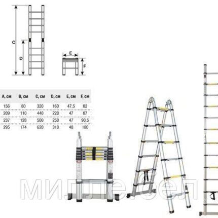 Лестница телескопическая 2-х секц. алюм. 237/500см, 2х8 ступ. 16,95кг STARTUL (ST9733-050)