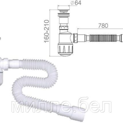 Сифон для биде, выпуск 64мм,  с гибкой трубой 1 1/4"- 40/50мм, AV Engineering