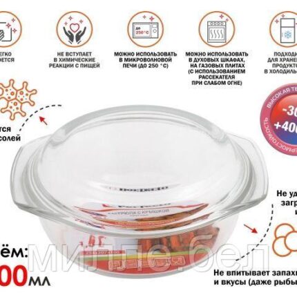 Кастрюля из жаропрочного стекла, 1.5 л, с крышкой, 234х207х100 мм, PERFECTO LINEA